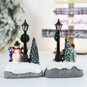 Christmas Village Scene Tree Snowman Resin Ornament With LED Lights Animated Street Lamp Statues Figurine Holiday Desktop Decor