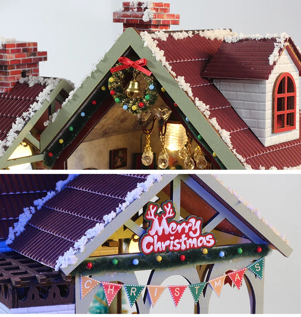 Christmas House Mini Dollhouse Kit Mini Assembled Model Bookshelf DIY Handmade Toy Set, Suitable for Adult Christmas Gifts