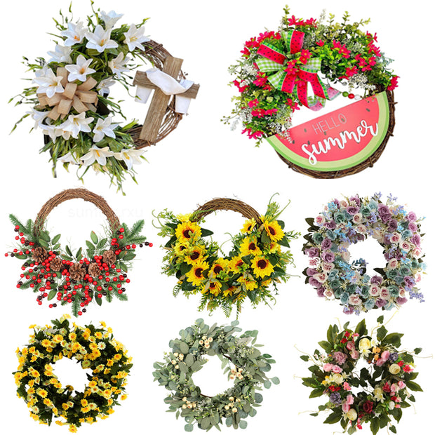 Easter Cross Wreath with Bow Rattan Ring Garland Hanging Ornament for Home Front Door Wall Garden Decoration Art Gift Supplies