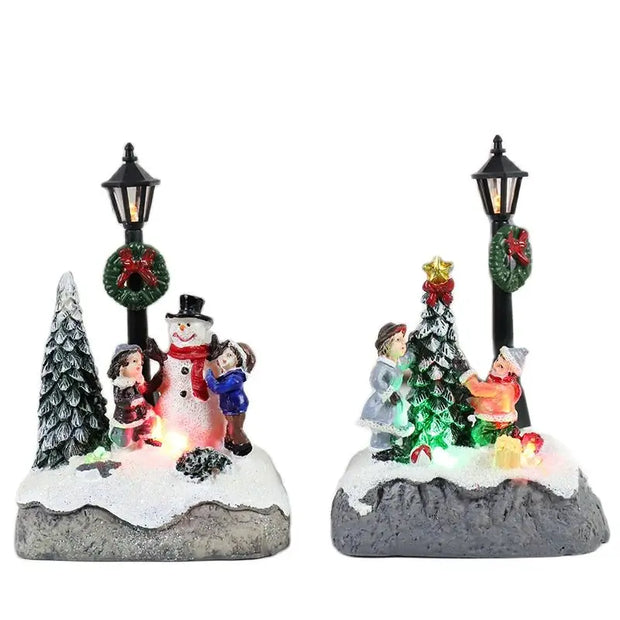 Christmas Village Scene Tree Snowman Resin Ornament With LED Lights Animated Street Lamp Statues Figurine Holiday Desktop Decor