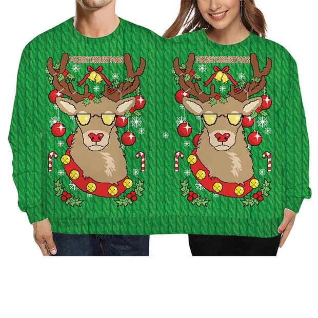 Double Ugly Christmas Couple Sweaters Siamese Twins Pullover 3D Printed Funny Couple Sweatshirt