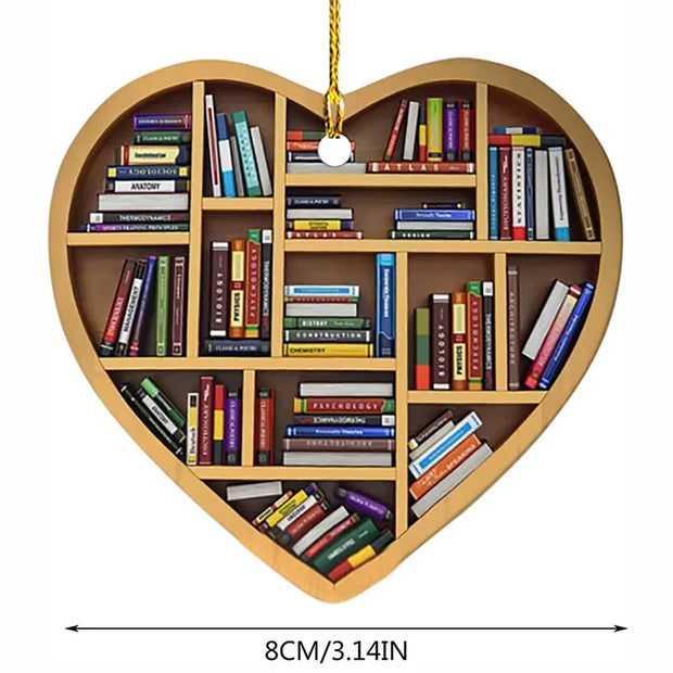Book Lovers Heart Shaped Bookshelf Christmas Pendant Acrylic Drop Ornament Door Window Christmas Tree Car Hanging Decoration