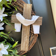 Easter Cross Wreath with Bow Rattan Ring Garland Hanging Ornament for Home Front Door Wall Garden Decoration Art Gift Supplies