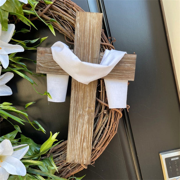 Easter Cross Wreath with Bow Rattan Ring Garland Hanging Ornament for Home Front Door Wall Garden Decoration Art Gift Supplies