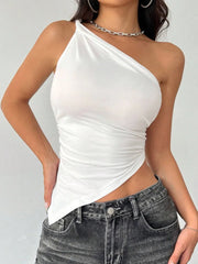 2025 New Fashionable Casual Women's T-Shirt Solid Color Single Shoulder Asymmetrical Slim Fit Top One-Piece Neck