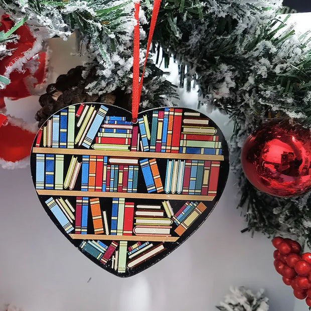 Book Lovers Heart Shaped Bookshelf Christmas Pendant Acrylic Drop Ornament Door Window Christmas Tree Car Hanging Decoration
