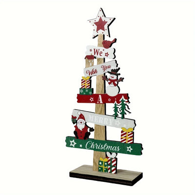 Christmas Wooden Tabletop Decoration, Festive Mini Tree with Santa, Snowman, and Gifts,Manufactured Wood Seasonal Decor