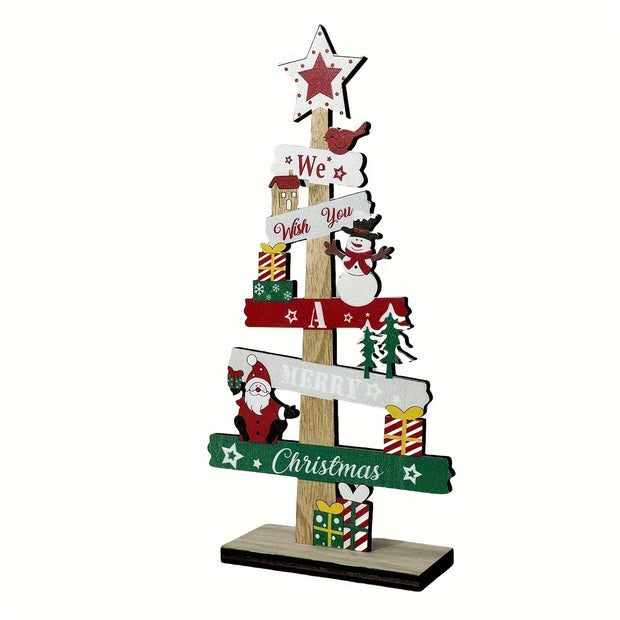Christmas Wooden Tabletop Decoration, Festive Mini Tree with Santa, Snowman, and Gifts,Manufactured Wood Seasonal Decor