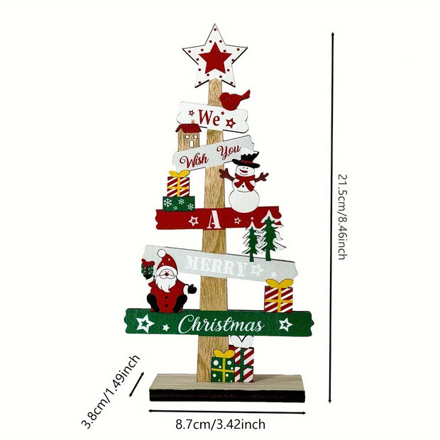 Christmas Wooden Tabletop Decoration, Festive Mini Tree with Santa, Snowman, and Gifts,Manufactured Wood Seasonal Decor