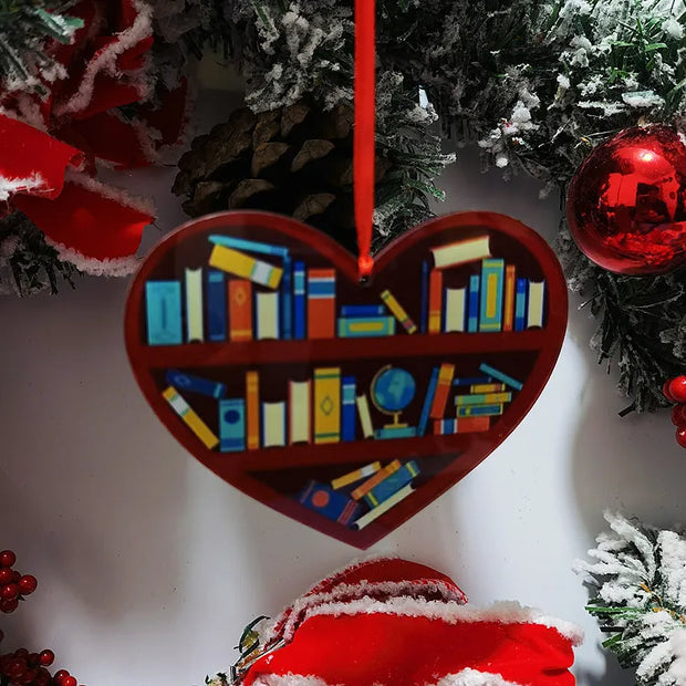 Book Lovers Heart Shaped Bookshelf Christmas Pendant Acrylic Drop Ornament Door Window Christmas Tree Car Hanging Decoration