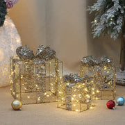 Christmas Lighted Gift wrought iron Three-piece Gift Box Christmas Tree Ornaments Luminous Plush Home Outdoor Decorations